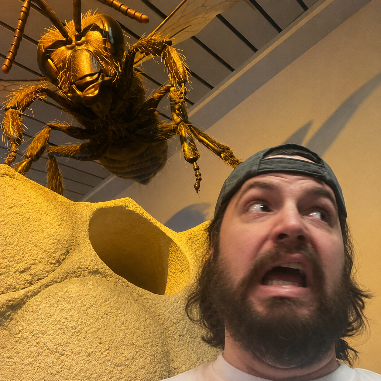 A man startled by a giant hornet sculpture